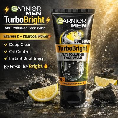 GARNIER MEN DUO FOAM TURBO Bright VITAMIN C + CHARCOAL FACE WASH